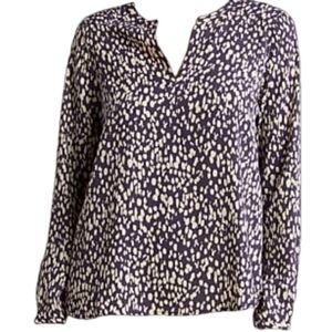 Pleione navy cream spotted long sleeve vneck pop over long sleeve blouse medium